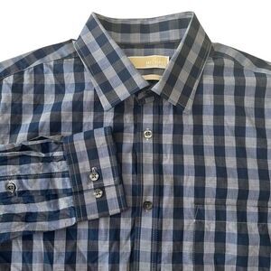 Michael Kors Regular Fit Blue Gray Check Button Down Dress Shirt Mens Large